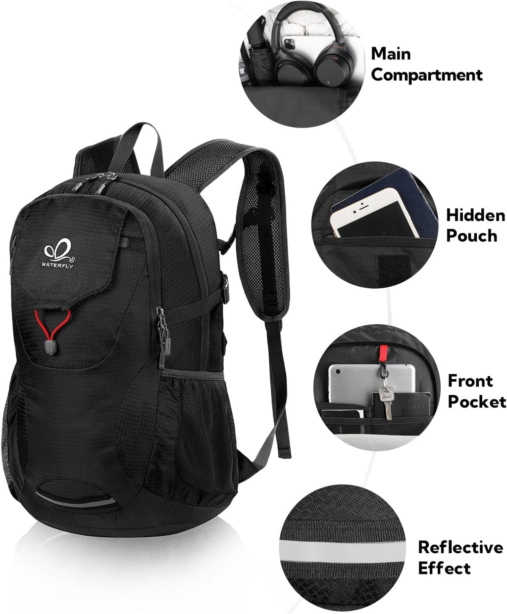 WATERFLY Lightweight Packable Hiking Backpack, 30L Day Pack Black