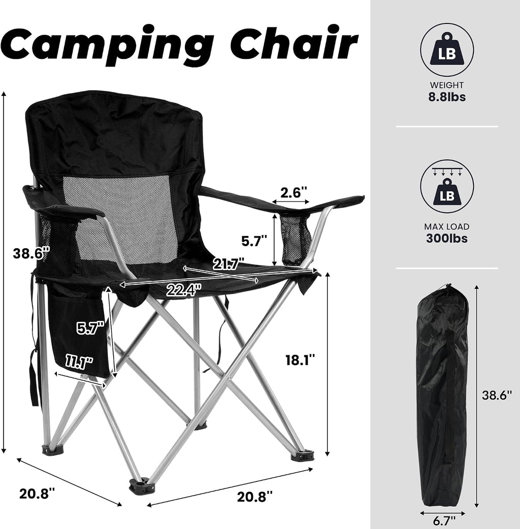 HULKFIT 2 Pack Folding Camping Chair – Heavy Duty Portable Outdoor Beach Chair for Adults with Breathable Mesh Back, Cup Holder & Carry Bag – Ideal for Backyard, Tailgating, Hiking & Travel,Black