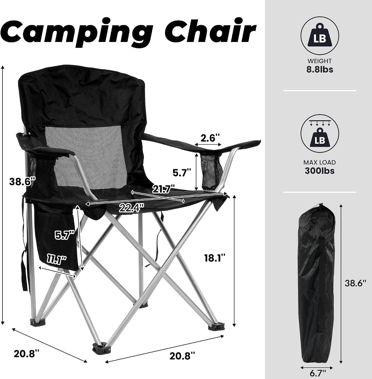 HULKFIT 2 Pack Folding Camping Chair – Heavy Duty Portable Outdoor Beach Chair for Adults with Breathable Mesh Back, Cup Holder & Carry Bag – Ideal for Backyard, Tailgating, Hiking & Travel,Black