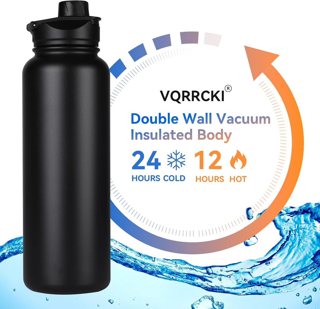 40 oz Insulated Water Bottle with Straw, Stainless Steel Sports Water Bottles with 2 Lids (Straw and Wide Mouth lid), Double Wall Vacuum, Leakproof, BPA-Free, Black