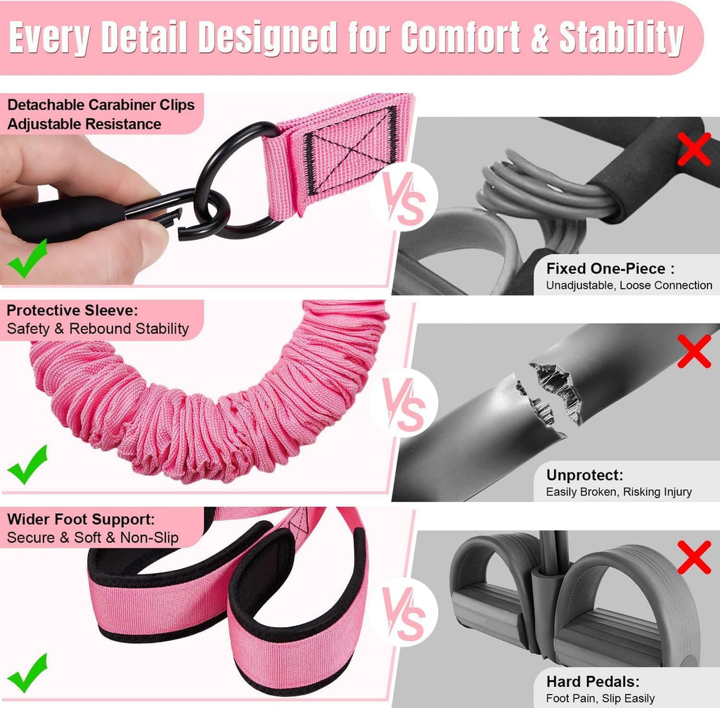 Upgraded Multifunction Pedal Resistance Band with Handle, 3 Tube Adjustable Resistance Bands for Abdomen, Waist, Arm, Core/ABS, Leg Workout - Sit Up Exercise Equipment for Women