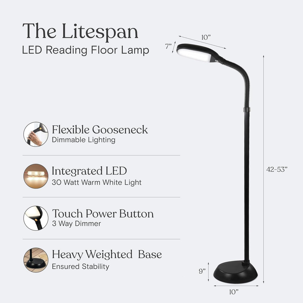 Brightech Litespan - Bright LED Floor Reading Lamp for Over Chair Crafts and Reading, Esthetician Light for Lash Extensions, Gooseneck Adjustable Standing Lamp for Living Room, Bedroom, Office - Black