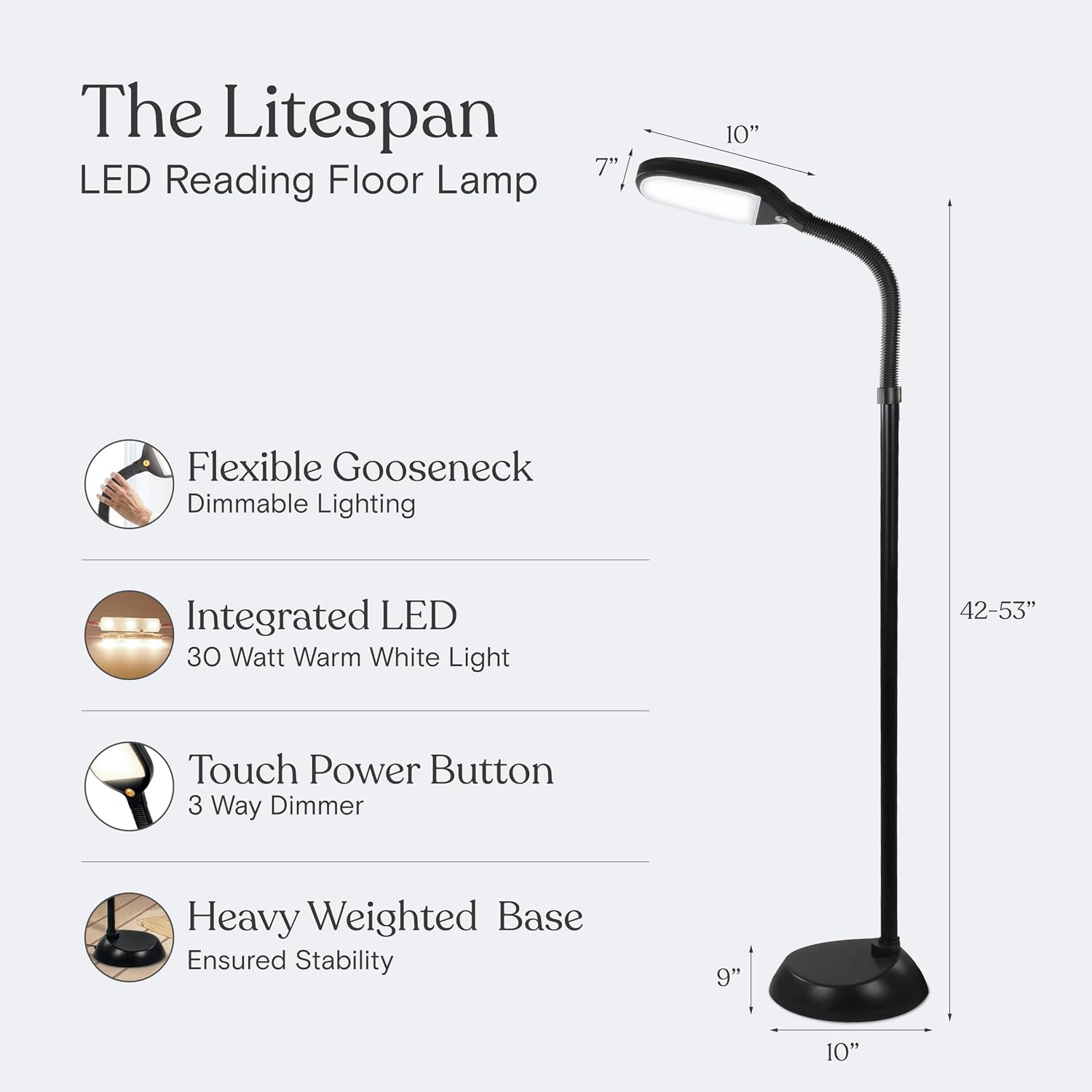 Brightech Litespan - Bright LED Floor Reading Lamp for Over Chair Crafts and Reading, Esthetician Light for Lash Extensions, Gooseneck Adjustable Standing Lamp for Living Room, Bedroom, Office - Black