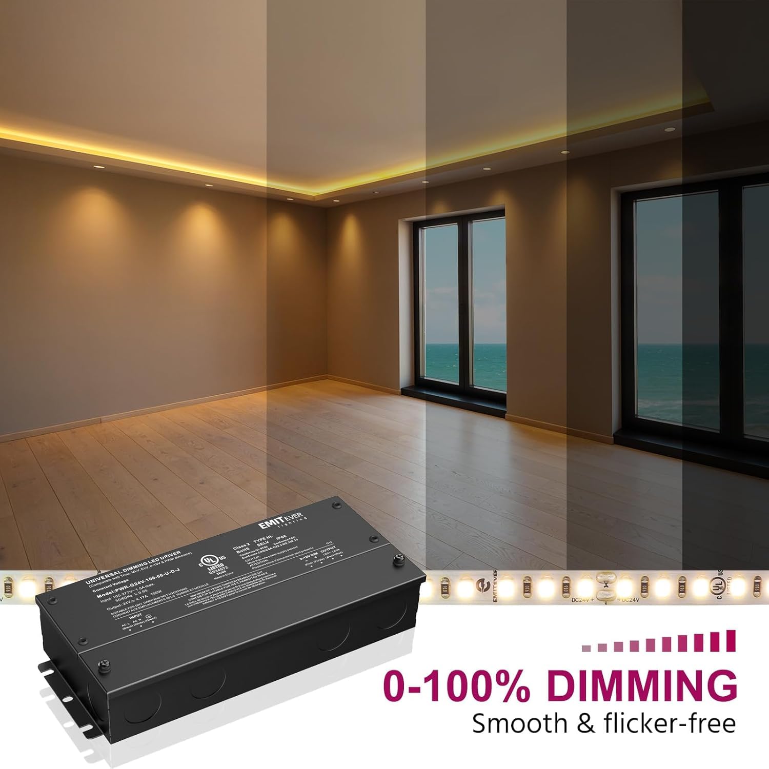 EMITEVER 2-Pack 100W 24V 5-in-1 Dimmable LED Driver, AC 110-277V to DC