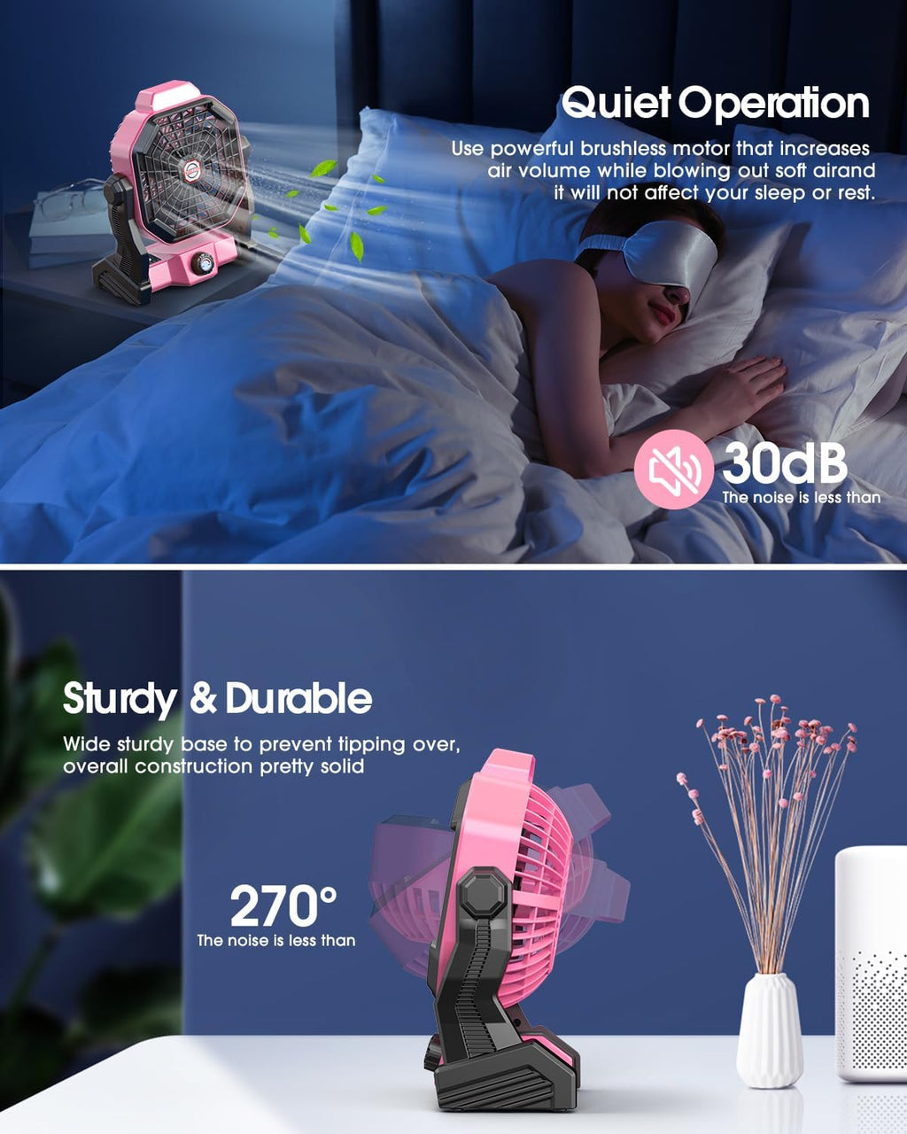 Solar Powered Fan,【Max 60H Runtime】Rechargeable Solar Camping Fans & Led Lantern,8-inch Portable Fan with Solar Panel,Battery Operated Powered Outdoor Tent Fans for Camping Essentials Accessories