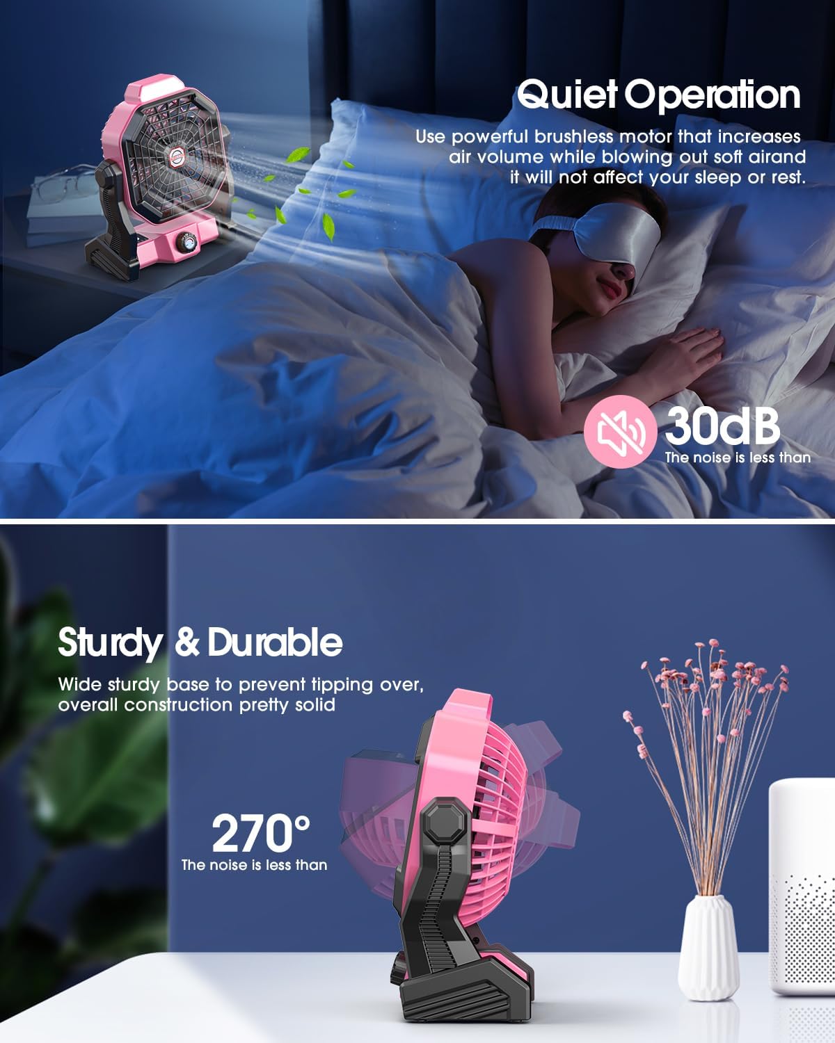Solar Powered Fan,【Max 60H Runtime】Rechargeable Solar Camping Fans & Led Lantern,8-inch Portable Fan with Solar Panel,Battery Operated Powered Outdoor Tent Fans for Camping Essentials Accessories