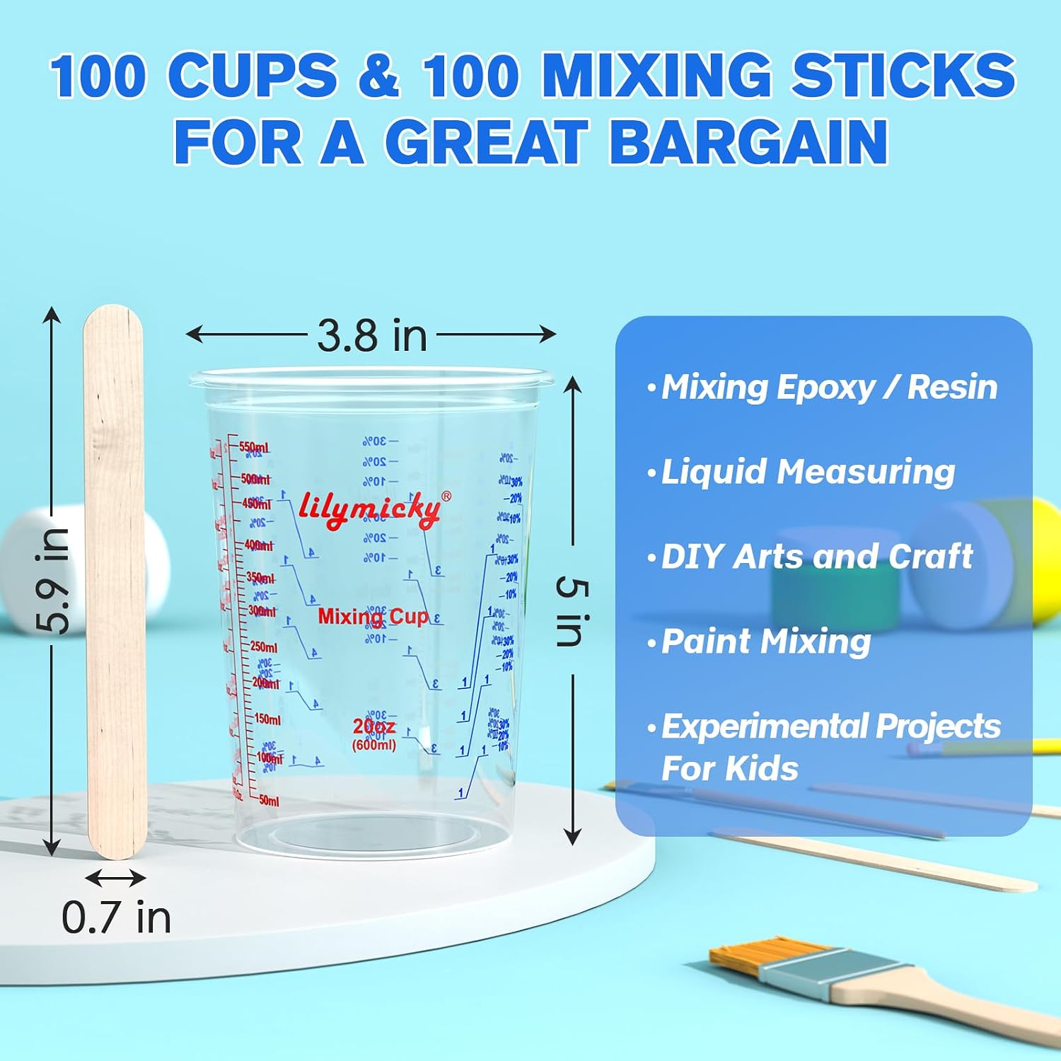 100 Pack Plastic Mixing Cups, 20 oz Measuring Cups with 100 Mixing Sticks