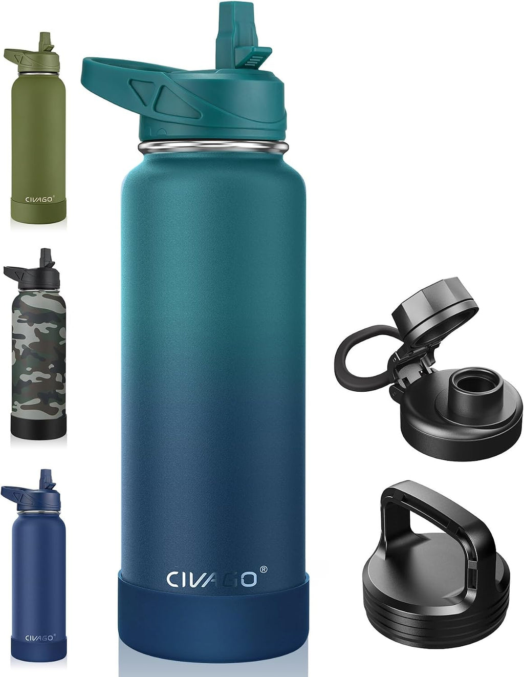 CIVAGO 64 oz Insulated Stainless Steel Water Bottle With Straw and 3 Lids