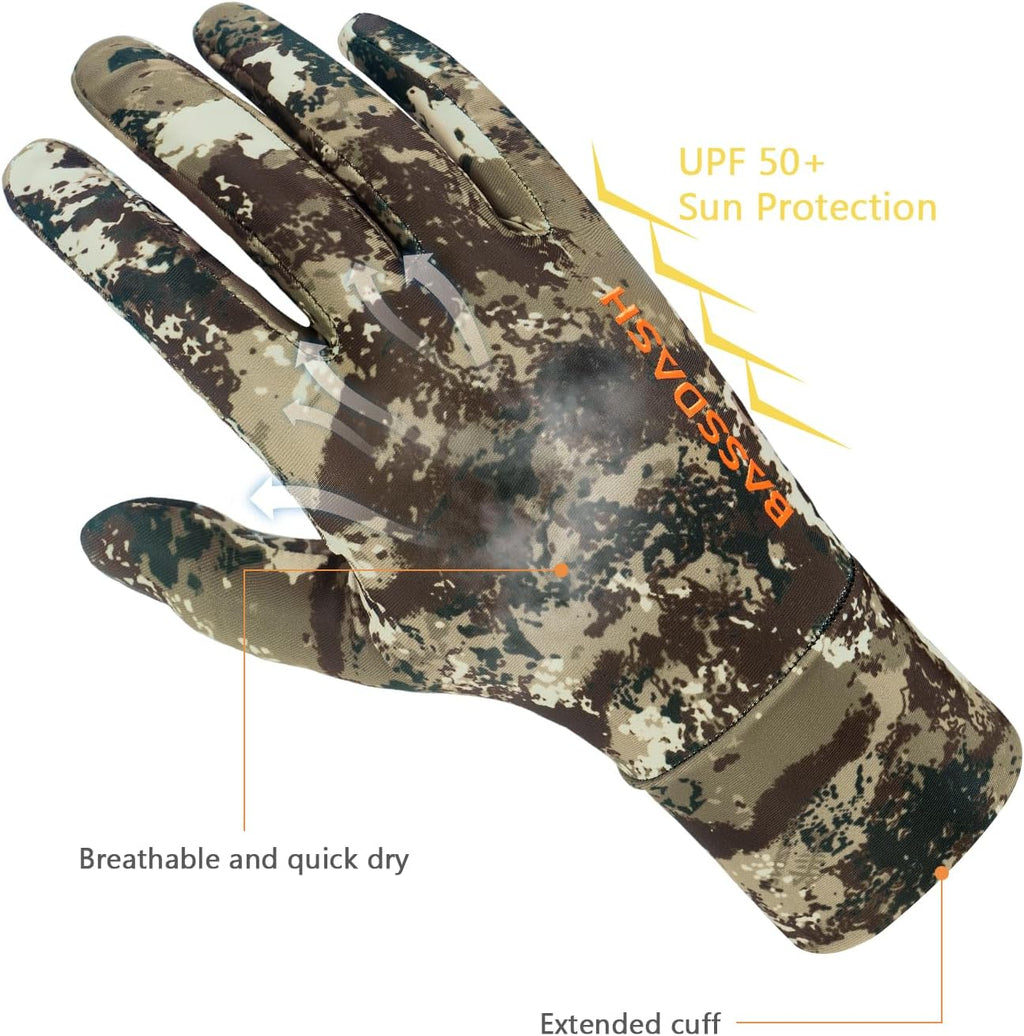 BASSDASH Men’s Camo Hunting Gloves UPF 50+ Lightweight Touchscreen Gloves for Warm Weather Fishing Hiking Outdoor Activities