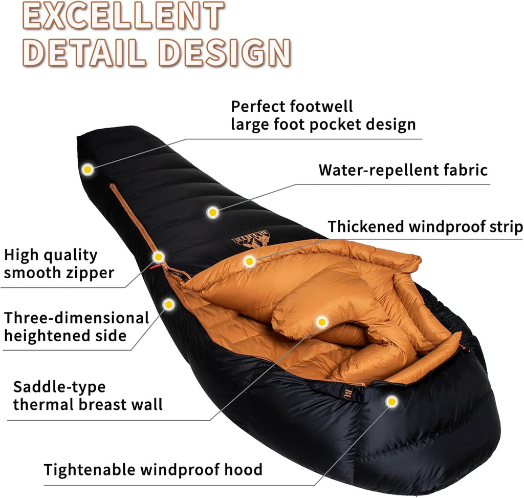 Down Backpacking Sleeping Bag.Cold Weather Sleeping Bag 30°F 20°F 10°F (Multiple Temperature Options), XL Large 4 Season Sleeping Bag for Adults Camping Hiking Mountaineering