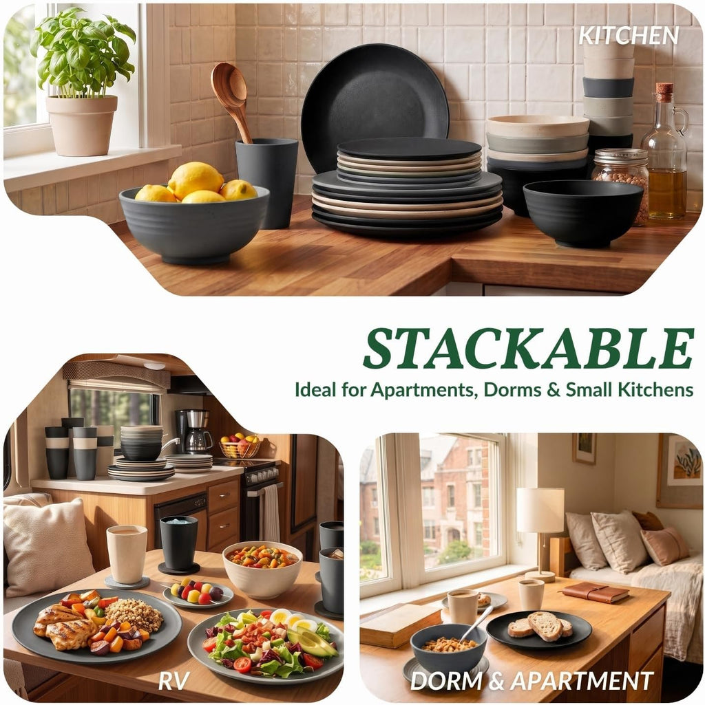 Homienly 40 PCS Wheat Straw Dinnerware Sets Dishes Set for 8 Unbreakable Plates and Bowls Sets for Kitchen Dishwasher and Microwave Safe Plate Set Camping, Apartment, Kids-Grey Stone