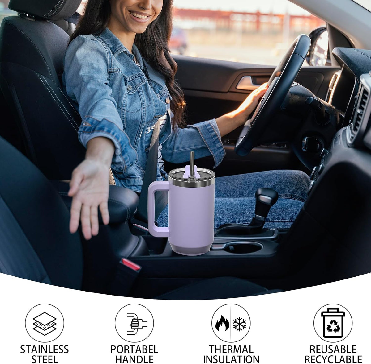 40 oz Tumbler with Handle,Tumbler with Lid and Straw,Double Wall Insulated Cup Stainless Steel Travel Mug(Cold for 34 Hours),Water Bottle for Iced Tea,Coffee,Cold Beverages(Purple)