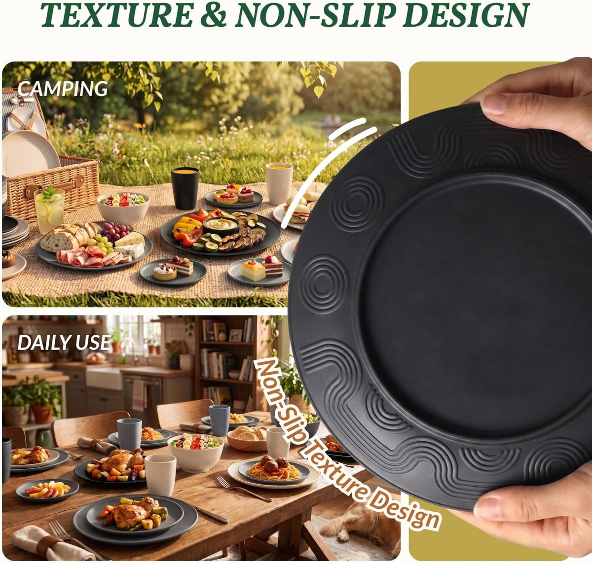 Homienly 40 PCS Wheat Straw Dinnerware Sets Dishes Set for 8 Unbreakable Plates and Bowls Sets for Kitchen Dishwasher and Microwave Safe Plate Set Camping, Apartment, Kids-Grey Stone