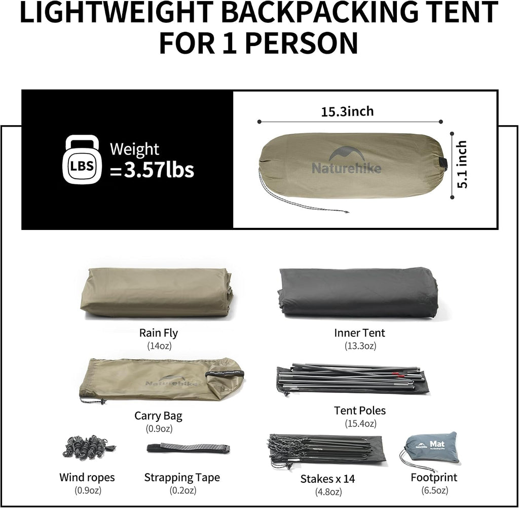 Naturehike Cloud Up 1 Person Tent, Lightweight Backpacking Tents for One Man, Waterproof Ultralight One Person Tent for Camping Hiking Backpacking
