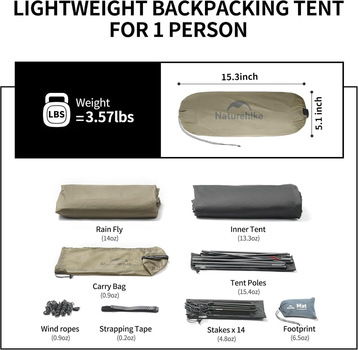 Naturehike Cloud Up 1 Person Tent, Lightweight Backpacking Tents for One Man, Waterproof Ultralight One Person Tent for Camping Hiking Backpacking