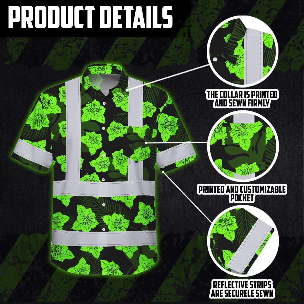 High Visibility Hawaiian Shirt for Men Tropical Shirts Custom Name Floral Outfit Reflective Safety Workwear