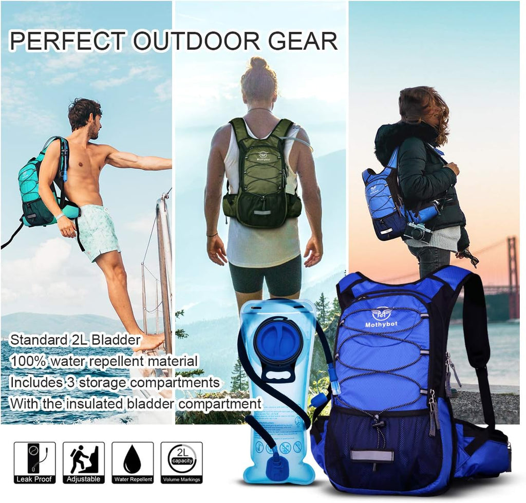 Mothybot Hydration Pack, Insulated Hydration Backpack with 2L BPA Free Water Bladder and Storage, Hiking Backpack for Men, Women, Kids for Running, Cycling, Camping - Keep Liquid Cool up to 5 Hours