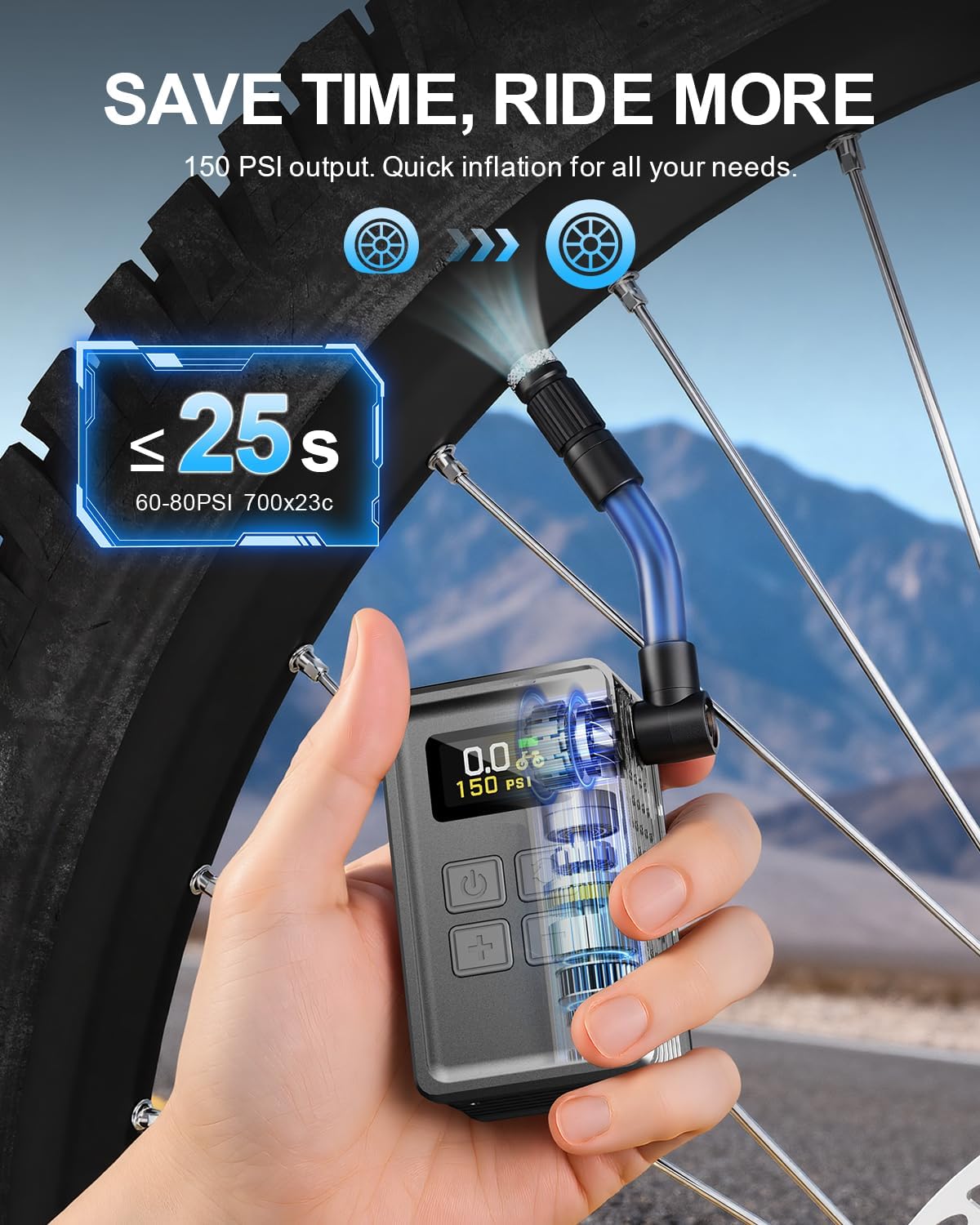 Mini Bike Pump 150 PSI Electric Tire Inflator with Gauge for Bikes