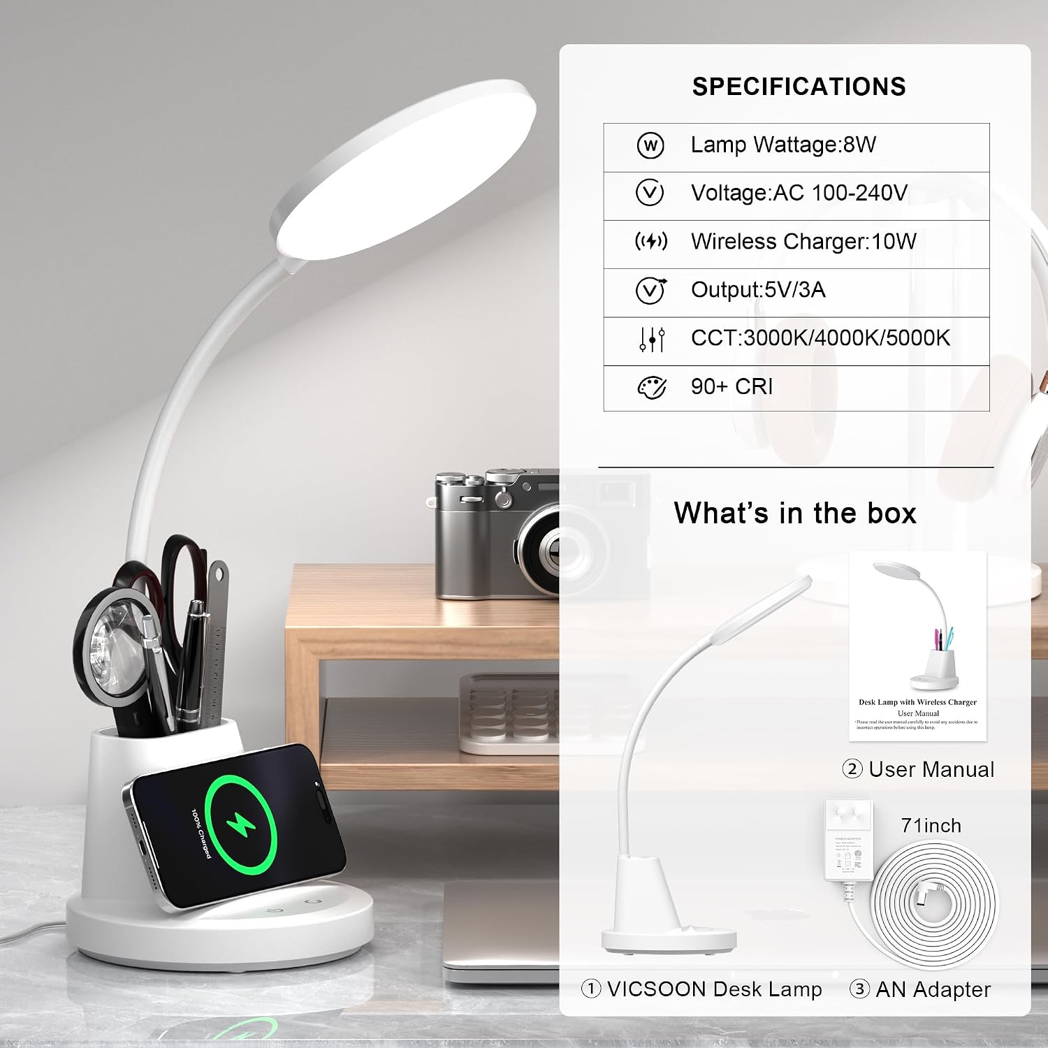 LED Desk Lamp with Wireless Charger for Home Office, White