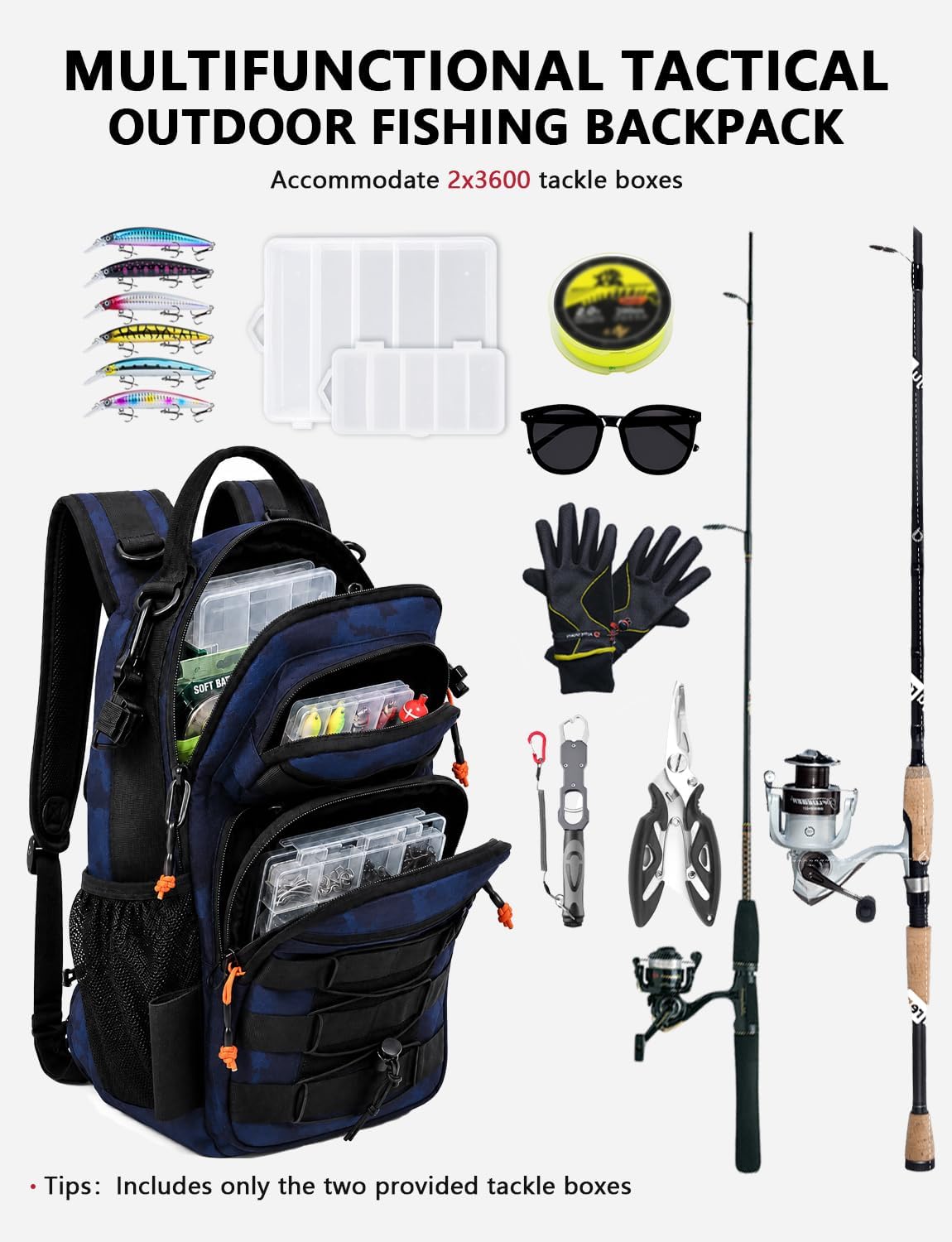 2 in 1 Compact Tactical Fishing Backpack with Tackle Boxes, Lightweight Waterproof Tackle Bag Fit 2 * 3600 Tackle Boxes, 2 Rod Holders Storage, Fishing Accessories Gift for Men Blue