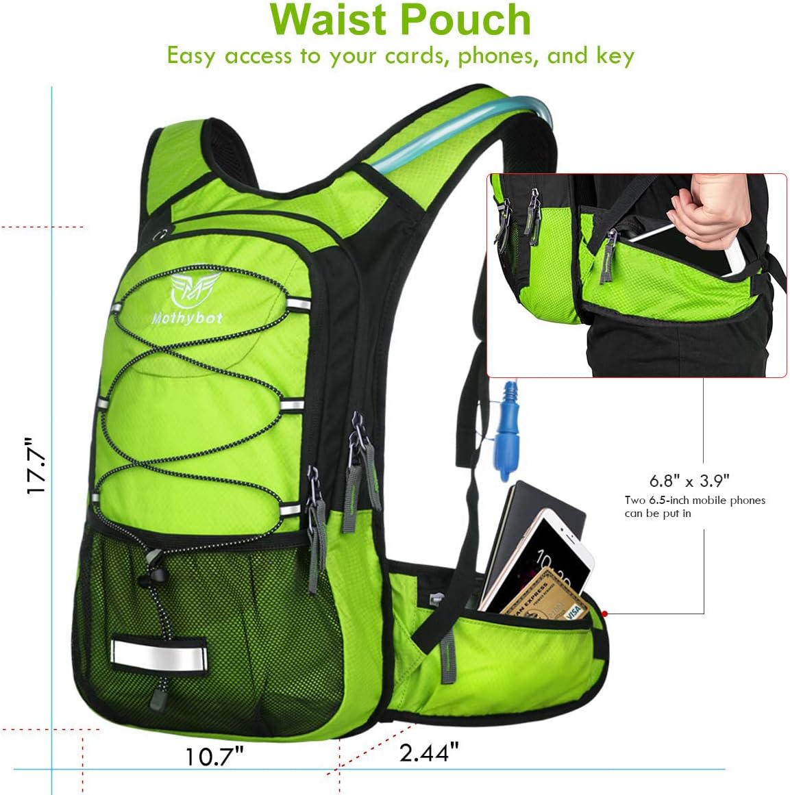 Mothybot Hydration Pack, Insulated Hydration Backpack with 2L BPA Free Water Bladder and Storage, Hiking Backpack for Men, Women, Kids for Running, Cycling, Camping - Keep Liquid Cool up to 5 Hours