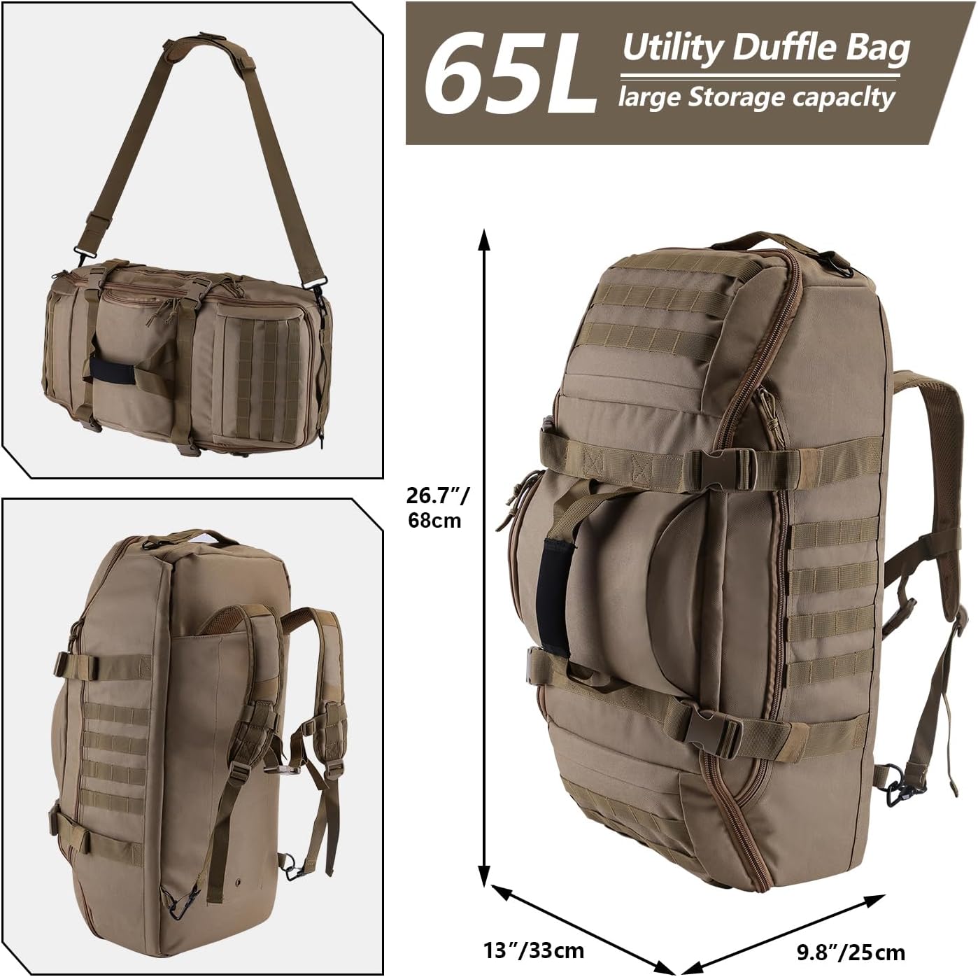 Hannibal Tactical 65L Large Duffle Bag, 3-in-1 Tactical Backpack MOLLE Pack for Sports, Gym, Outdoor, Coyote