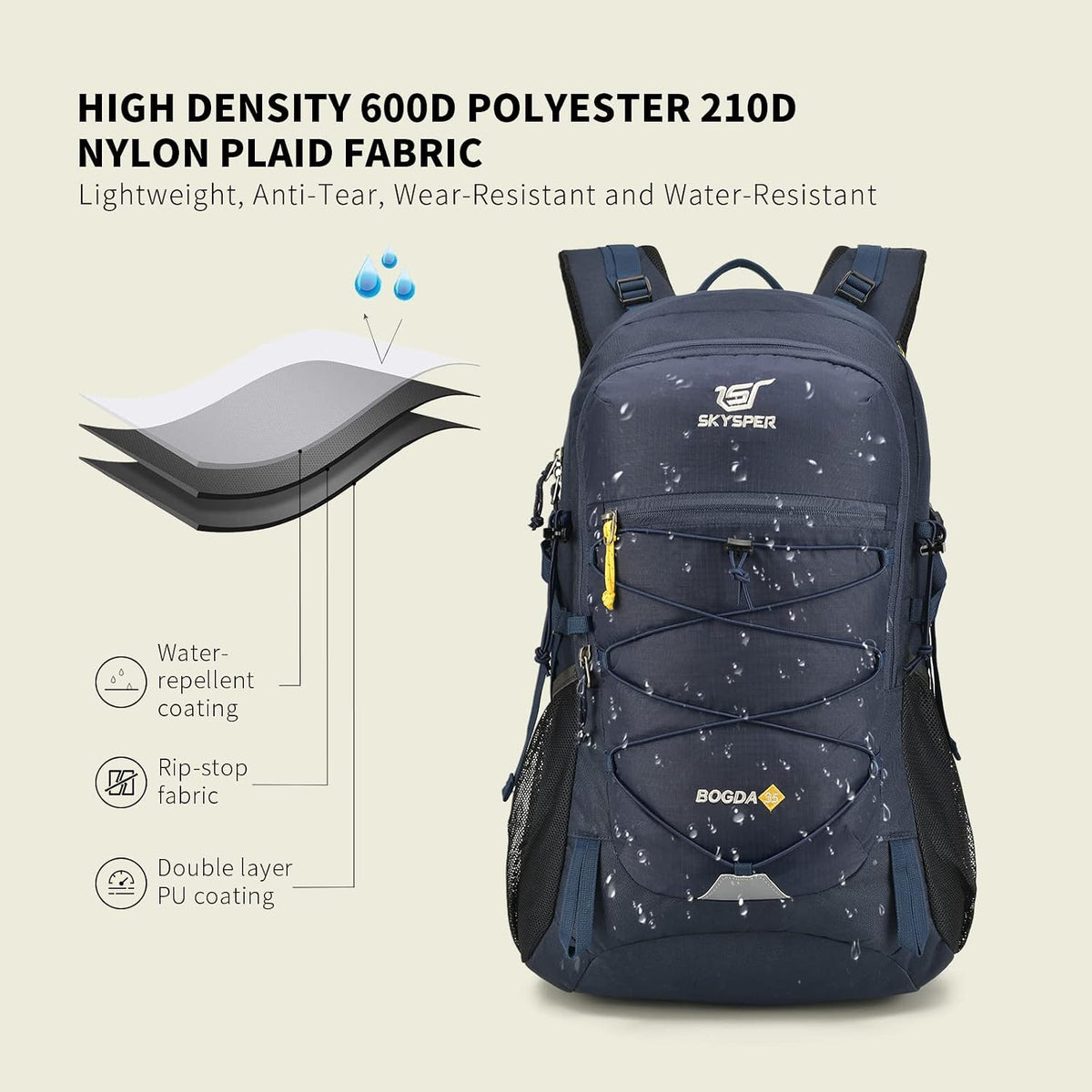 SKYSPER Hiking Backpack for Men Women, 35L Lightweight Travel Daypack, Outdoor Camping Back Pack with Multiple Compartments, Durable for Weekend Getaway
