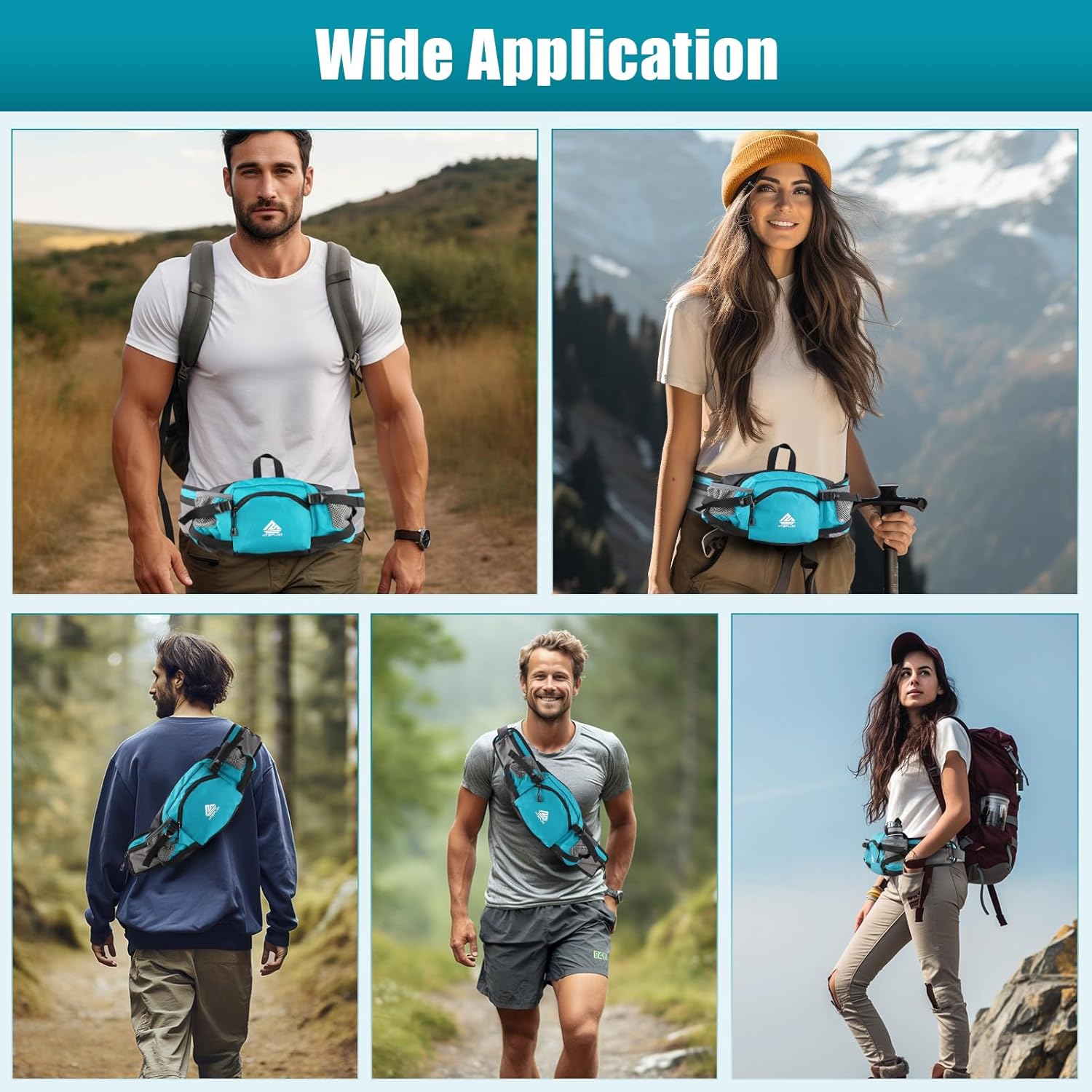 Fanny Pack Waist Bag with Water Bottle Holder for Men Women Running Hiking Travel Dog Walking Workout Cycling Outdoor (Turquoise Blue)