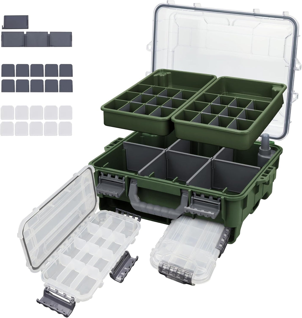 RUNCL Universal Fishing Tackle Box with Two Small Tackle Tray, Removal Inside Design Waterproof Trunk Storage Box, Thicker Floating Airtight Stowaway, Xmas Surprise Fishing Gifts for Men Women