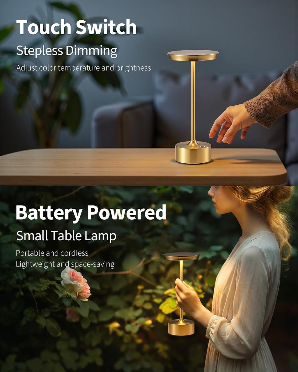 PUSU Rechargeable Table Lamps Set of 2, Gold Cordless Portable Desk Lamp