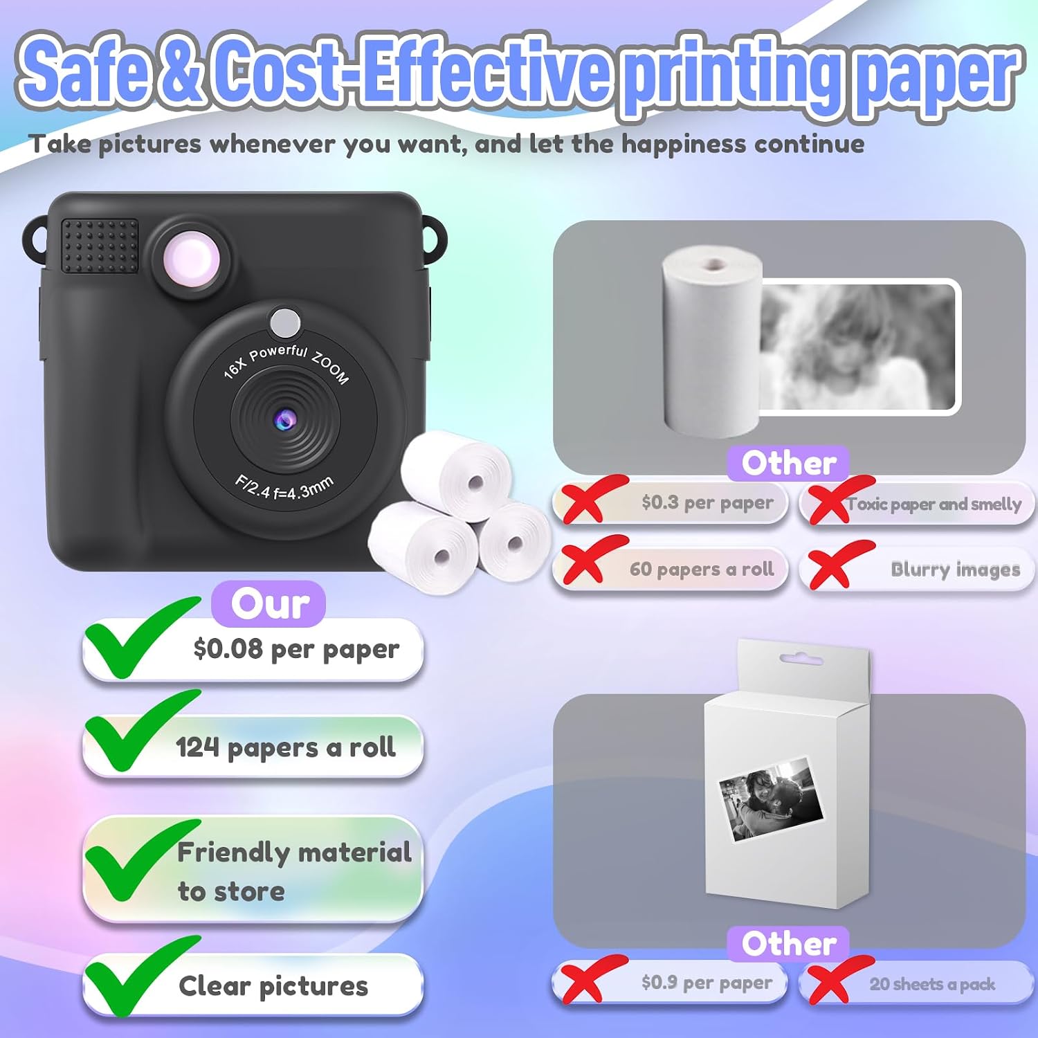 ESOXOFFORE Kids Camera Instant Print, Christmas Birthday Gifts for Kids Age 3-12, Selfie Digital Camera with 1080P Videos,Toddler Portable Travel Cameras Toy for 4 5 6 7 8 9 Year Old Boys Black