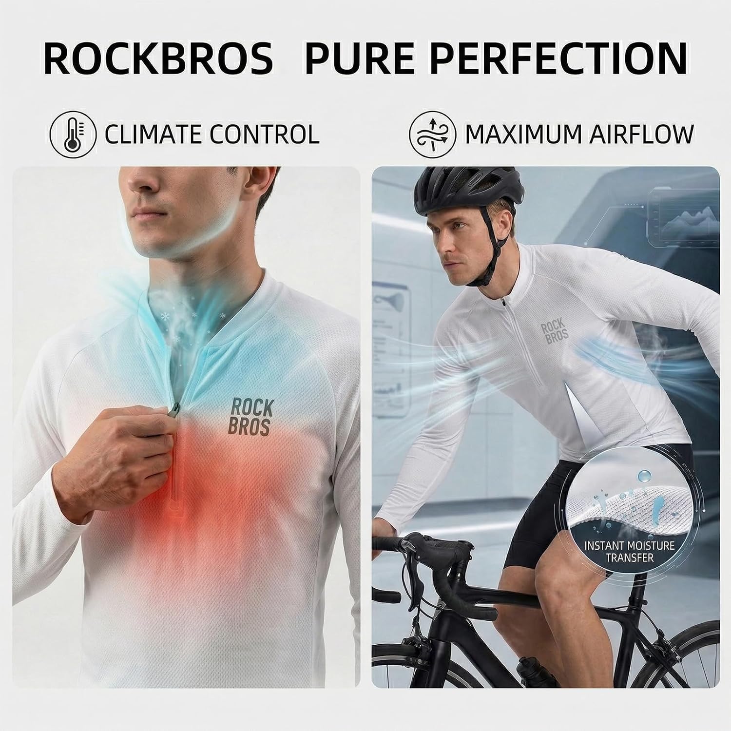 ROCKBROS Men's Long Sleeve Cycling Jersey Breathable Lightweight Bike Shirt Moisture Wicking Reflective 3 Pockets Half Zip