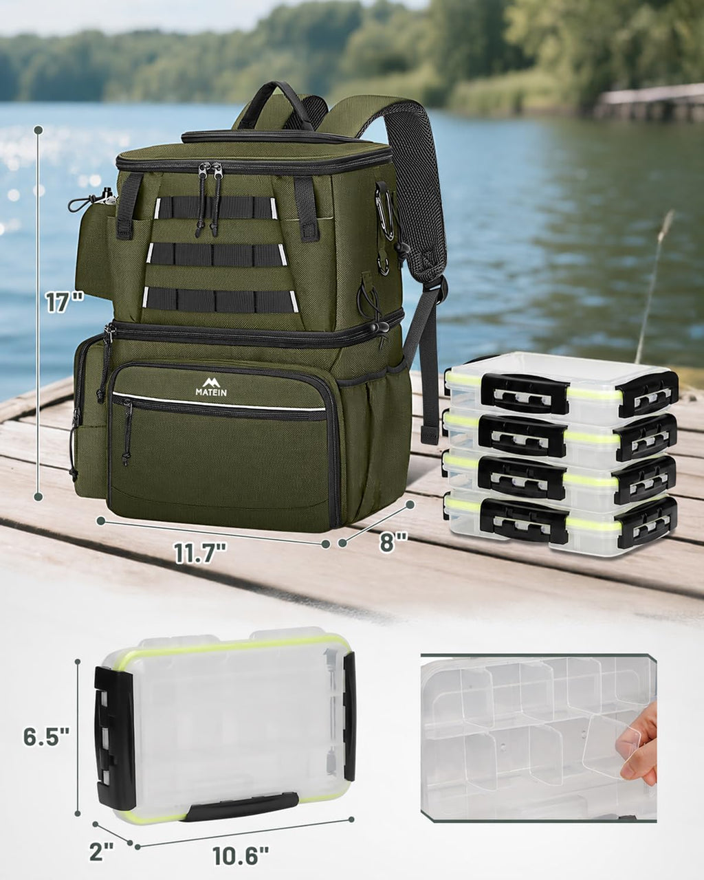 MATEIN Fishing Backpack with 4 Tackle Boxes, Fishing Bag with Rod Holder