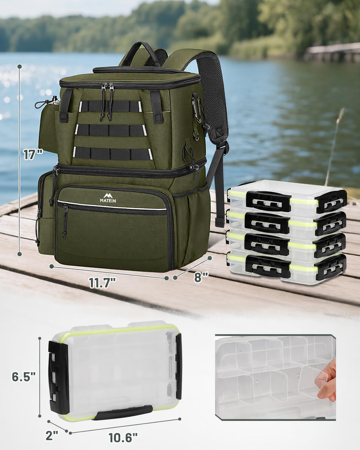 MATEIN Fishing Backpack with 4 Tackle Boxes, Fishing Bag with Rod Holder