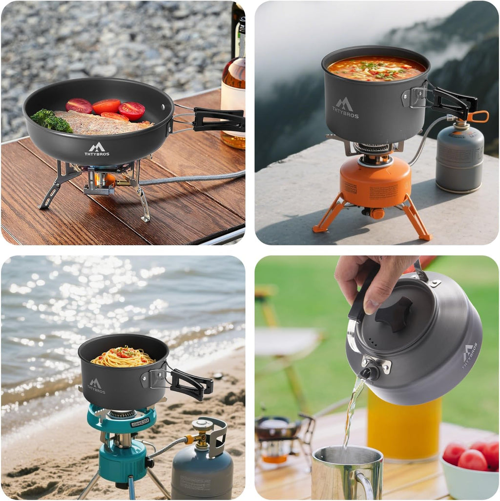 THTYBROS 27pcs Camping Cooking Set for 2-4 People, Portable Cookware Set with Kettle, Pots & Pans, Stainless Steel Utensils, Plates, Dishware for Backpacking, Picnic, Outdoor Adventures
