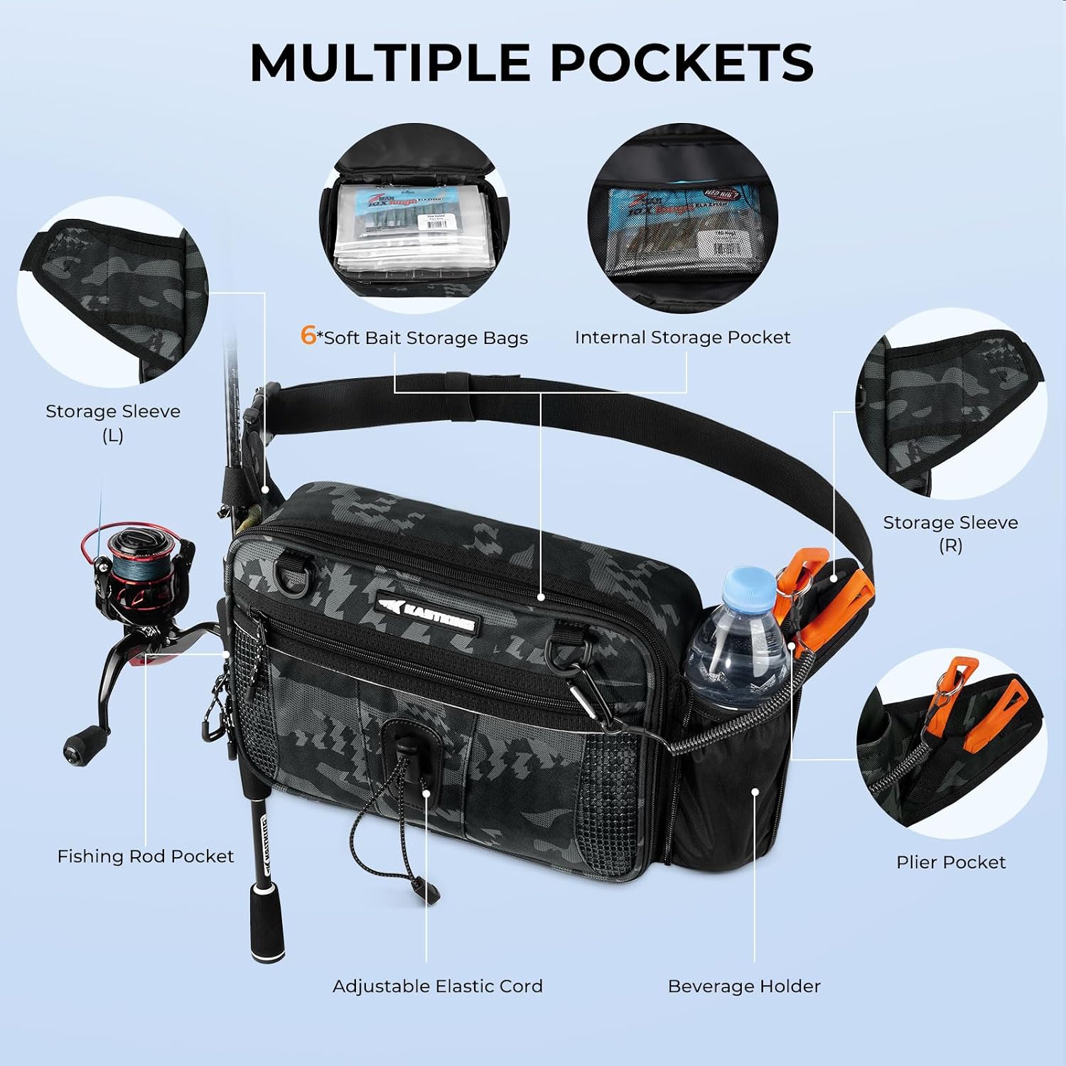 KastKing BaitSpace Waist Bag, Fishing Fanny Pack with Rod Holder
