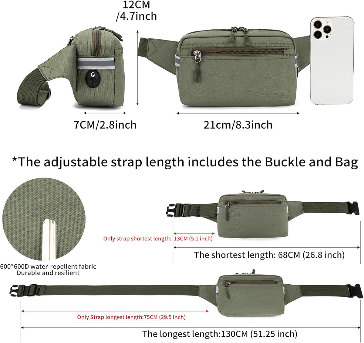 Mini Hiking Waist Bag, 3-Pocket 1.7L RFID Blocking Fanny Pack for Men Women (Army Green)
