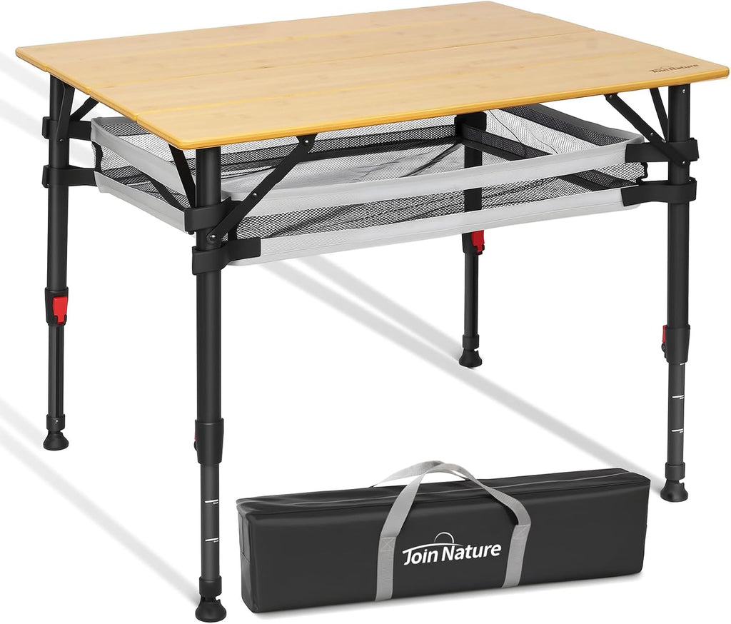 Join Nature Bamboo Folding Camping Table, Aluminum Adjustable Outdoor Table
