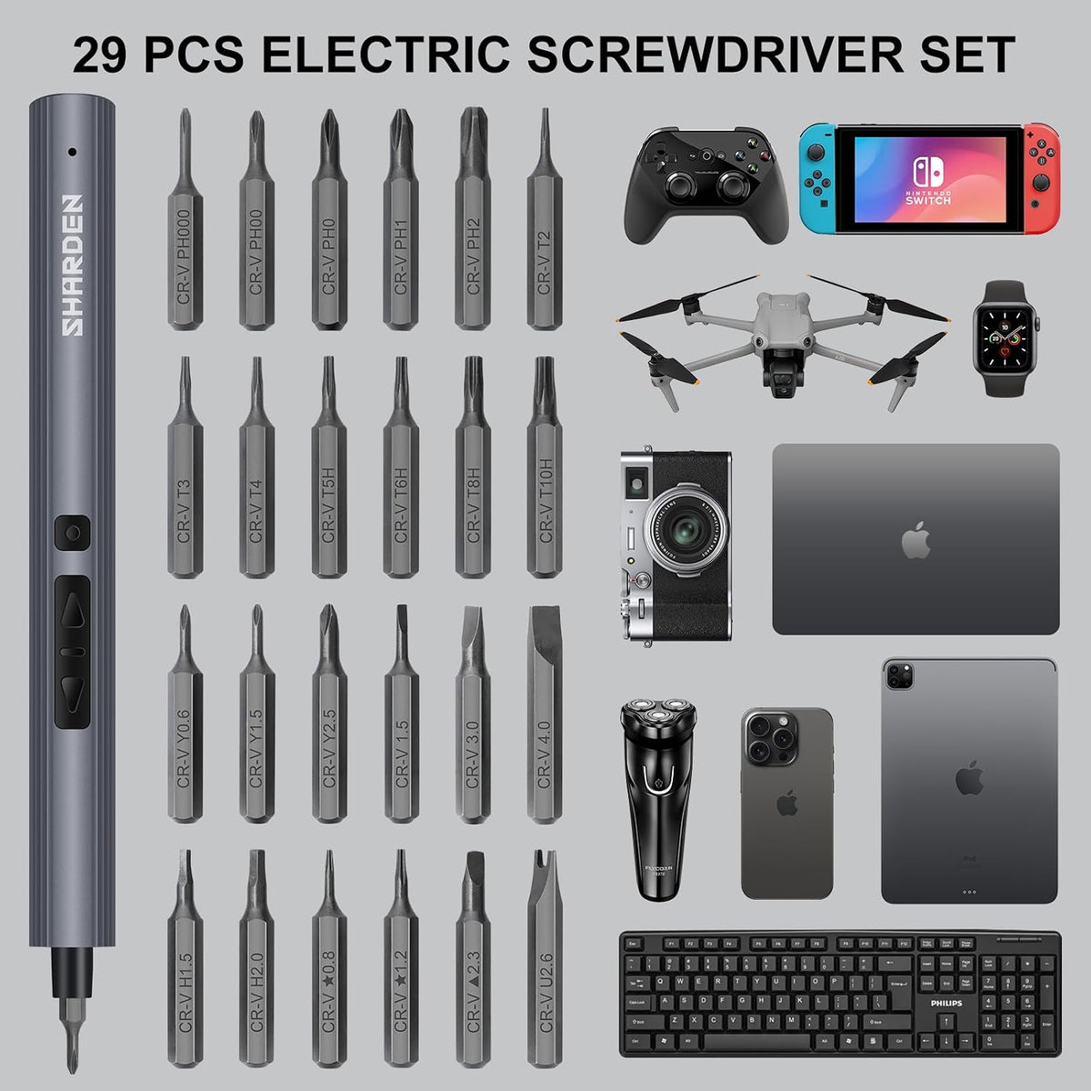 SHARDEN 29 IN 1 Mini Electric Screwdriver,Small Electric Screw Driver(Grey)