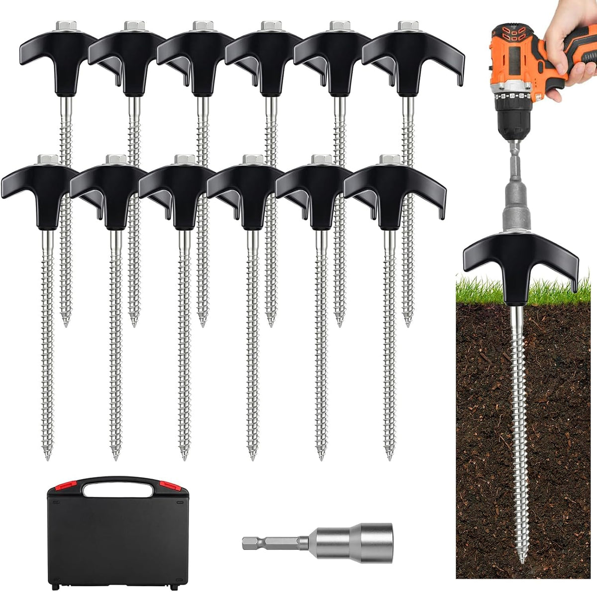 8" Heavy Duty Screw in Tent Stakes 12 Pack Drill in Ground Anchors