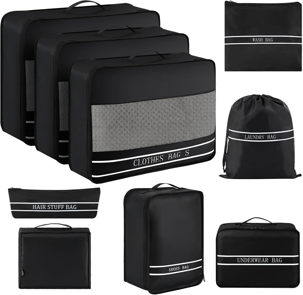 9 Set Packing Cubes Luggage Packing Organizers for Travel Accessories Space Saving Travel Bags for Carry On, Lightweight Mesh Zipper, Clothes, Shoes, Laundry and Shoe Bag, Suitcases (BLACK)