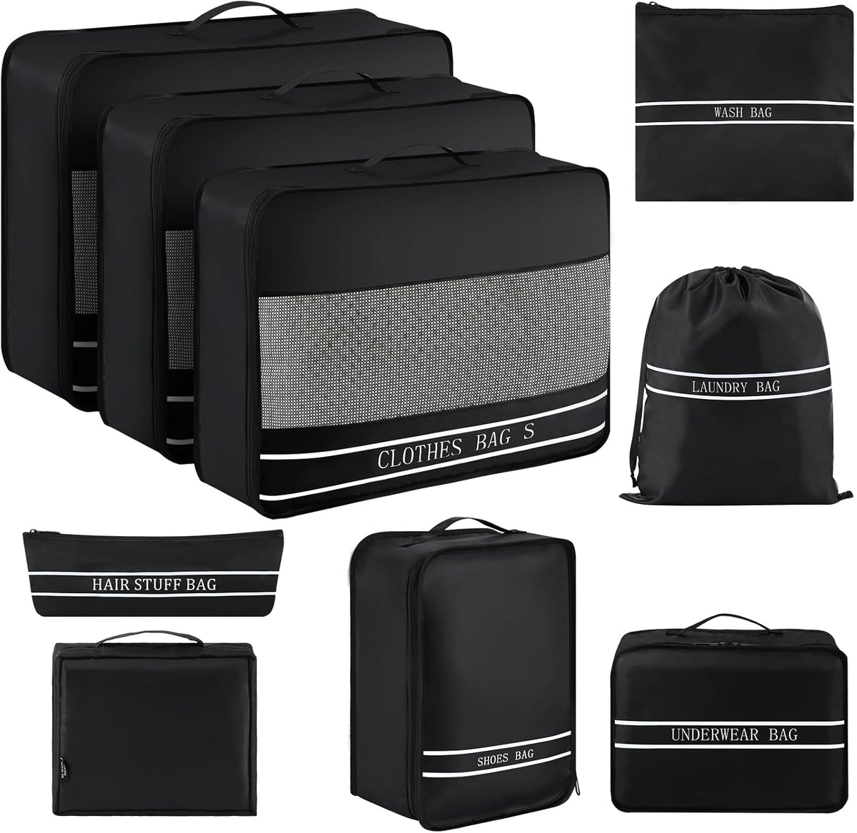 9 Set Packing Cubes Luggage Packing Organizers for Travel Accessories Space Saving Travel Bags for Carry On, Lightweight Mesh Zipper, Clothes, Shoes, Laundry and Shoe Bag, Suitcases (BLACK)