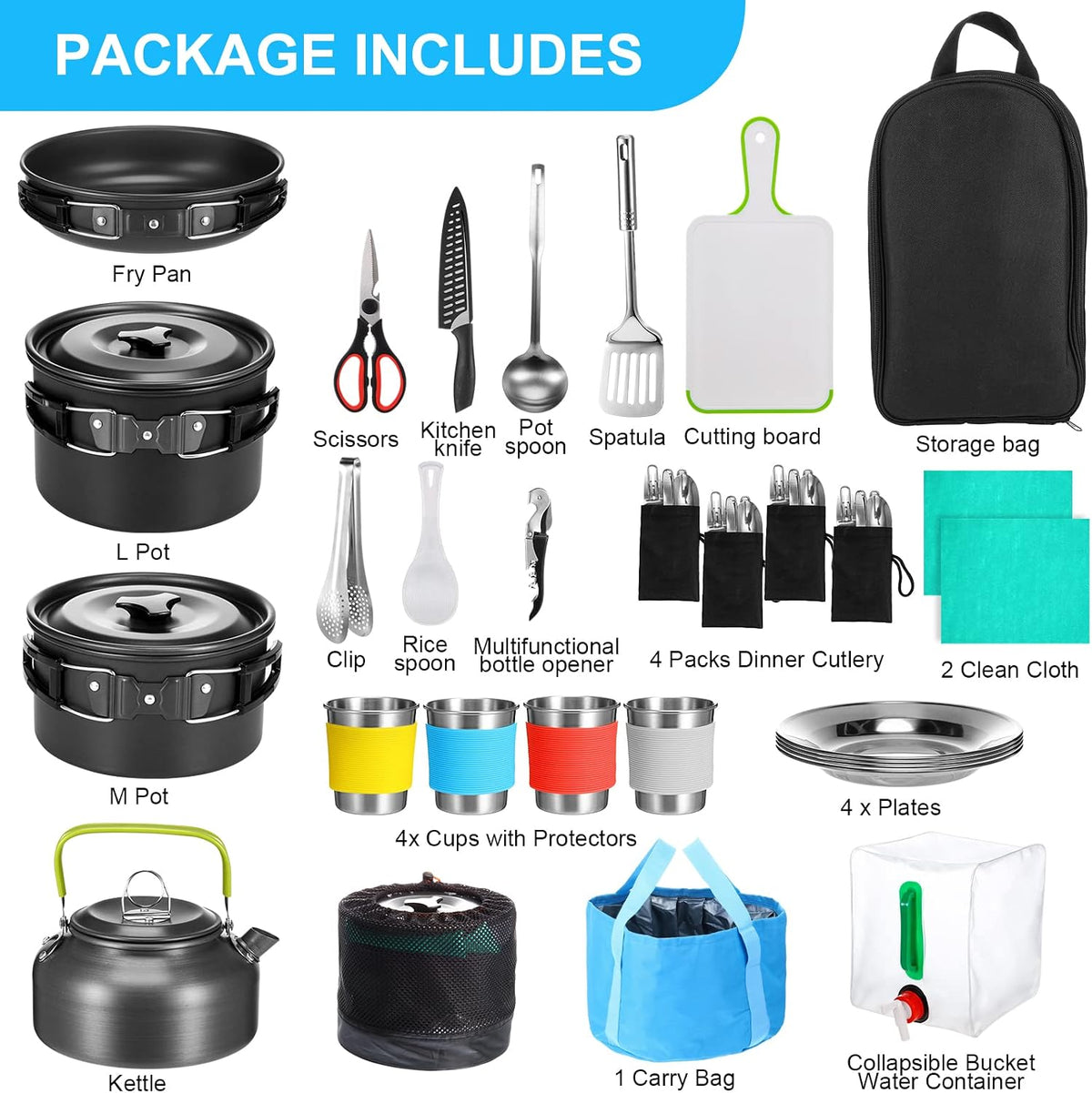 Gejoy 42 Pcs Camping Cookware Mess Kit Pots and Pans Set for 4 People