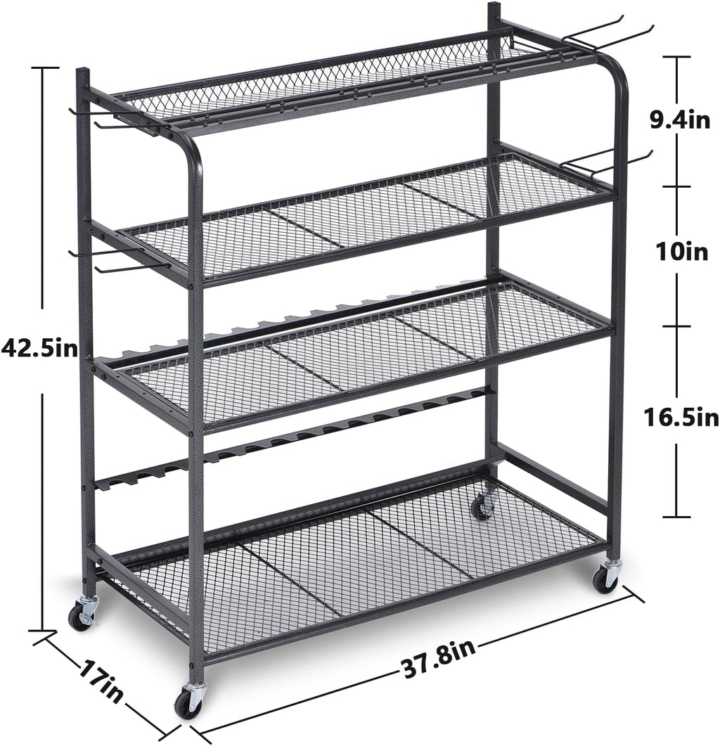 Fishing Rod Holder for Garage, Fishing Pole Holders for 15 Rods 38 * 17", Fishing Rod Rack Basement, Fishing Pole Rack Metal Black with Big Wheels, 4-Tier