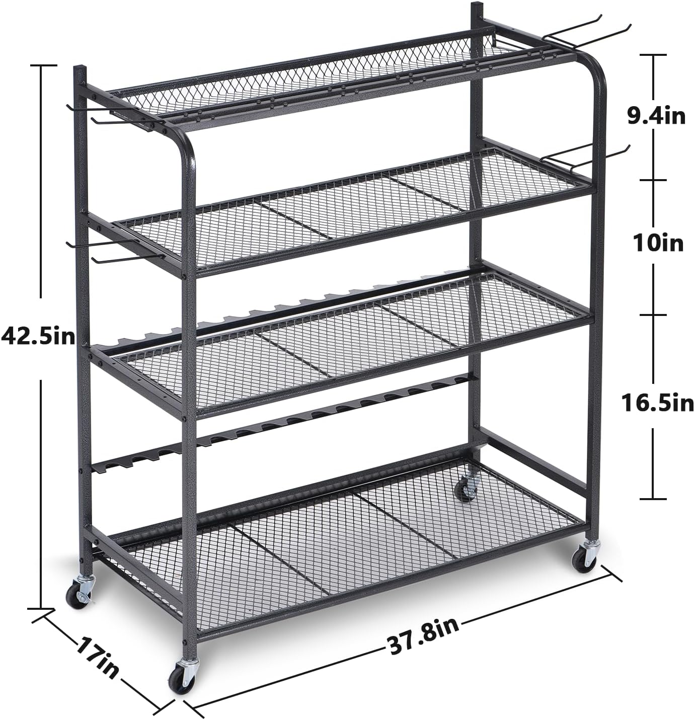 Fishing Rod Holder for Garage, Fishing Pole Holders for 15 Rods 38 * 17", Fishing Rod Rack Basement, Fishing Pole Rack Metal Black with Big Wheels, 4-Tier