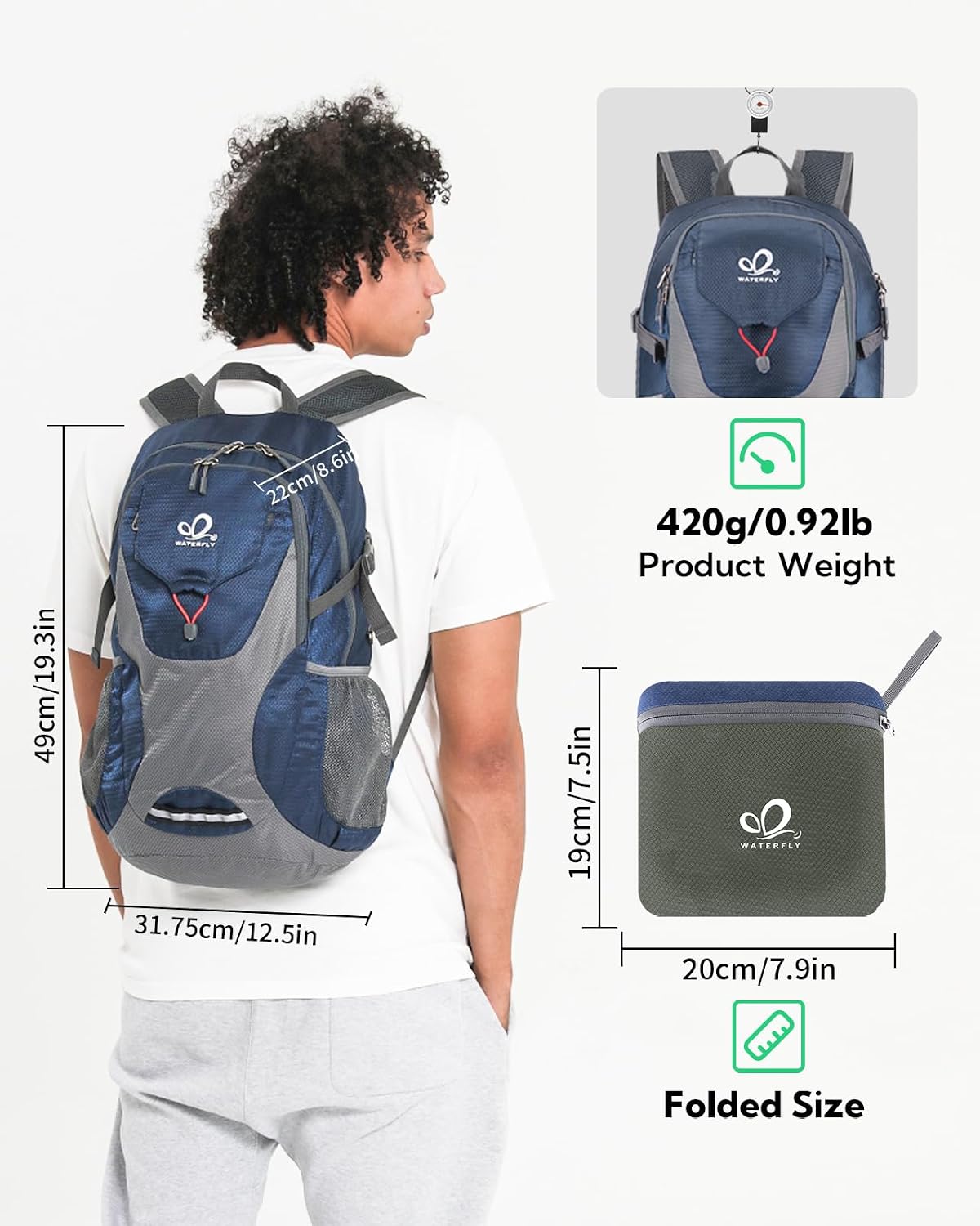 WATERFLY Lightweight Packable Hiking Backpack, 30L Day Pack Blue