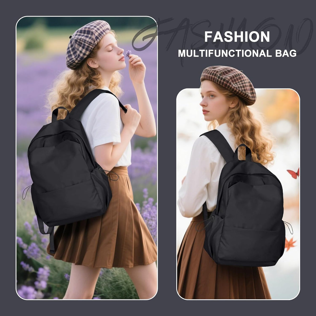coofay Black Backpack for Women, Small School Backpack for College
