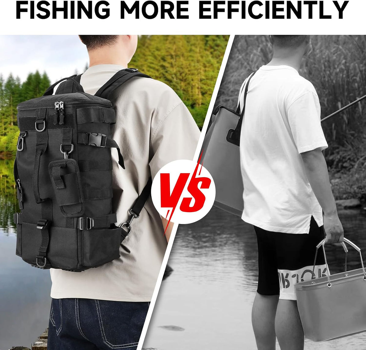 KOMCLUB Black Fishing Sling Tackle Storage Backpack, Large with Rain Cover‌