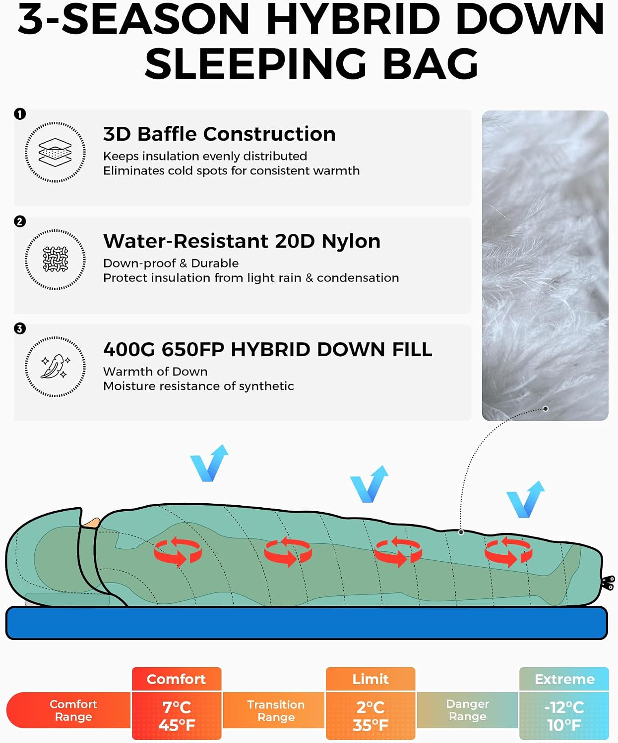 ATEPA 3-in-1 Hybrid Down Sleeping Bag, with Pad Attachment