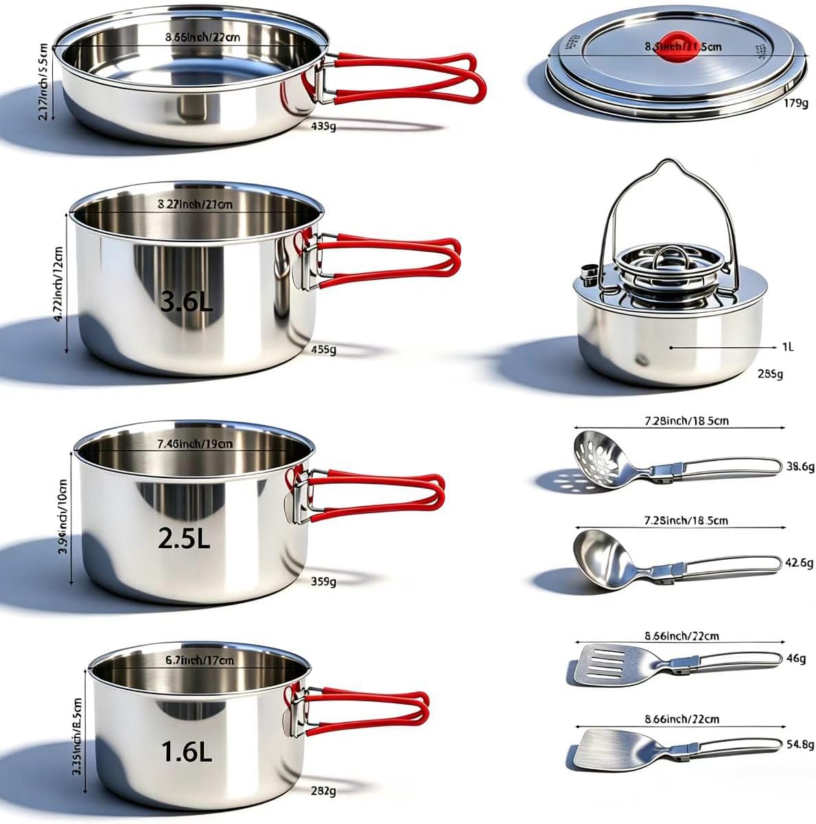 Foldable 18/8 Stainless Steel Camping Cookware 11pcs for 4-8 People